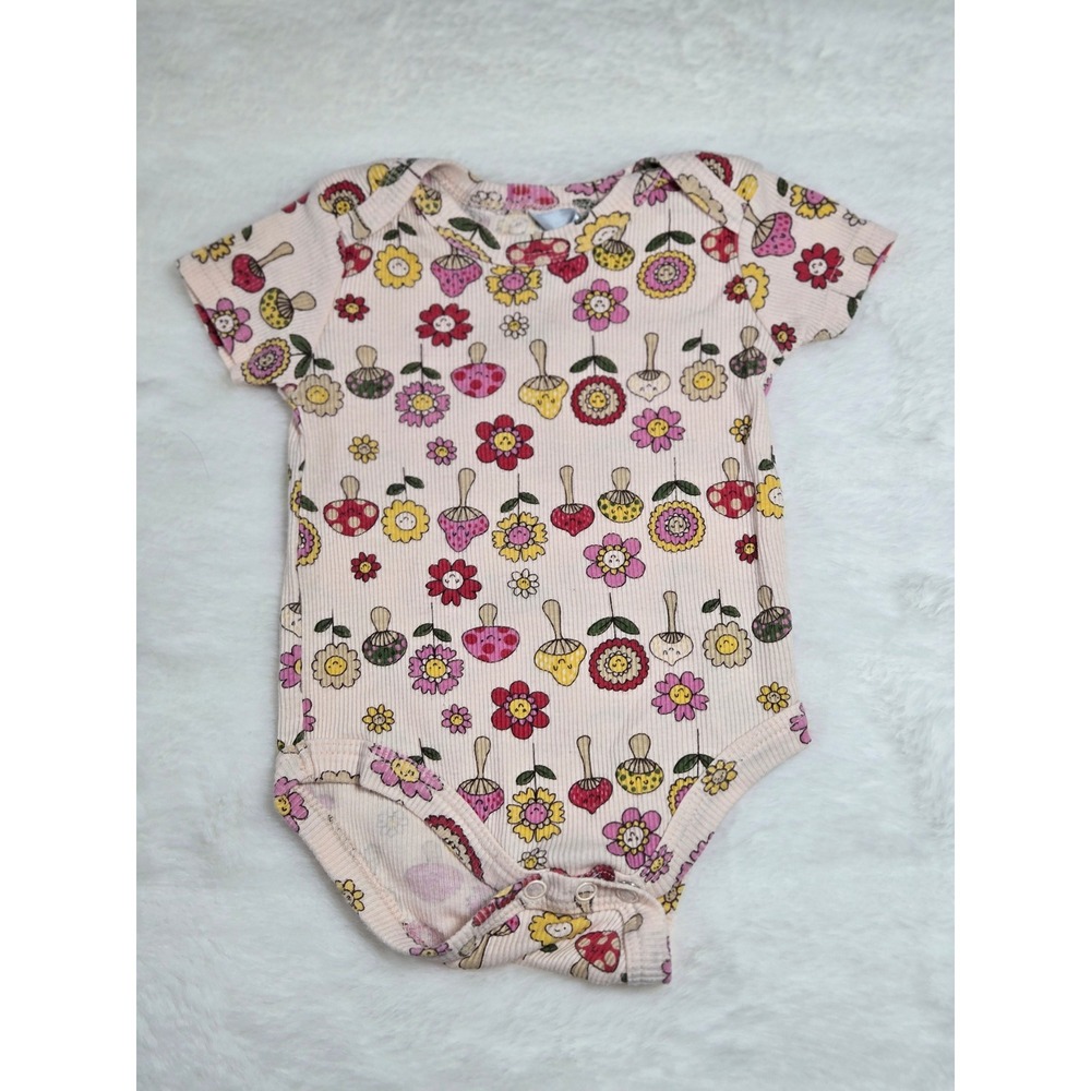 Charlotte & Star Baby Mushroom Flower Ribbed Bodysuit Pink‎ 3-6M Short Sleeve